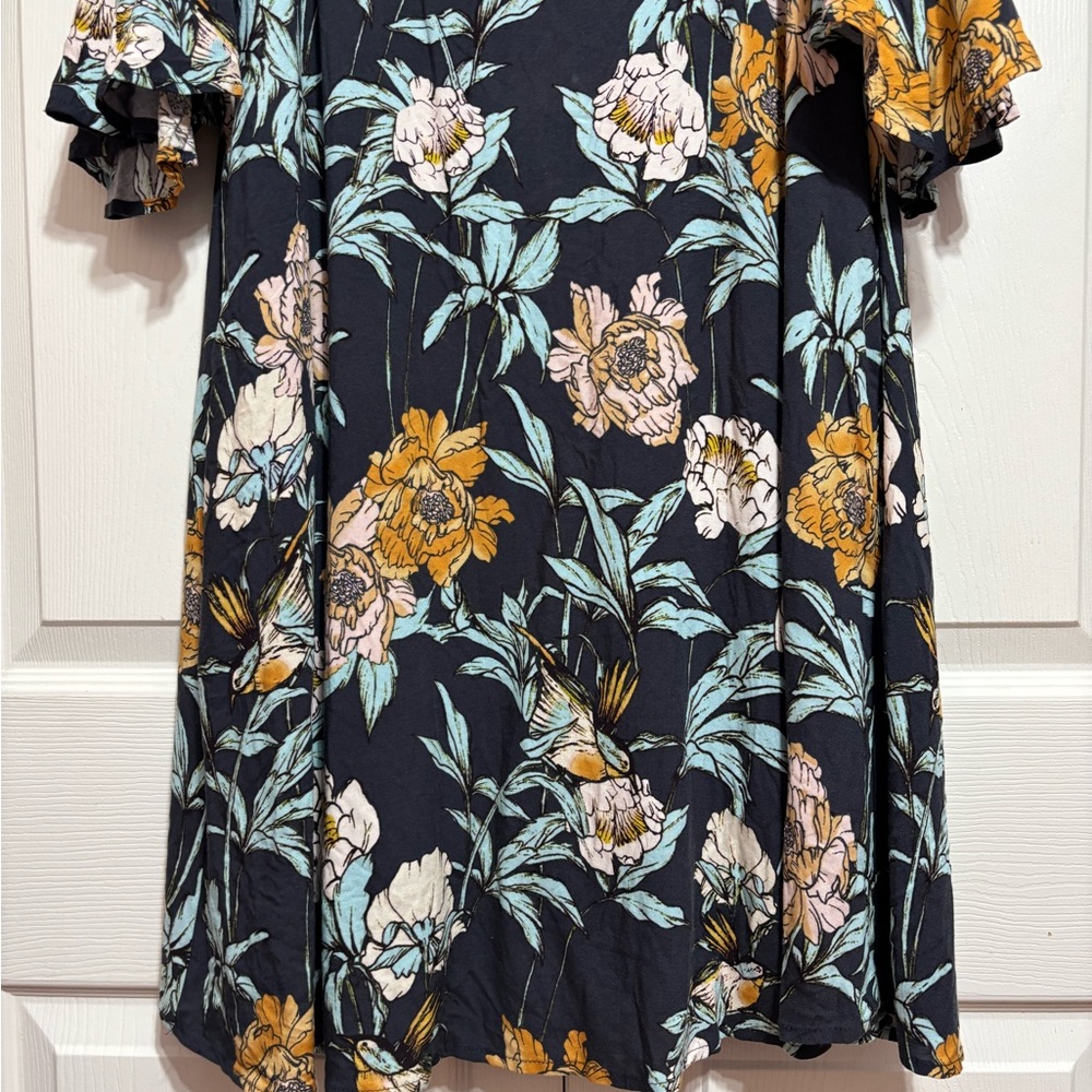 Cupio Navy Floral Scoop Neck Dress with Clod Shoulders and POCKETS! - Picture 2 of 6